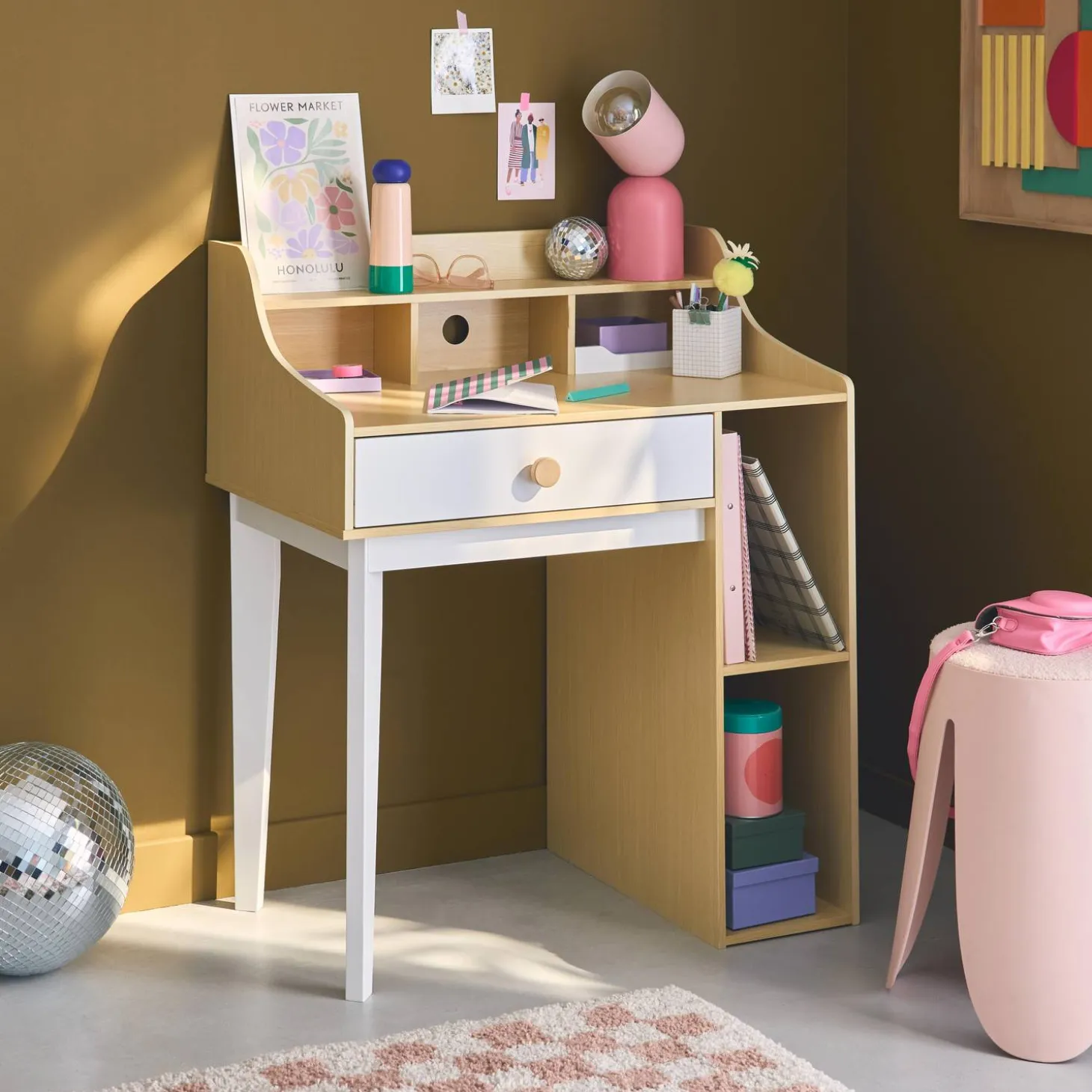 Children's desk with drawer and shelves