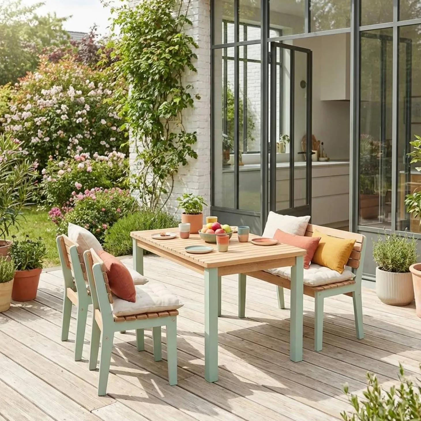 Children's garden table in acacia wood + 1 bench + 2 chairs