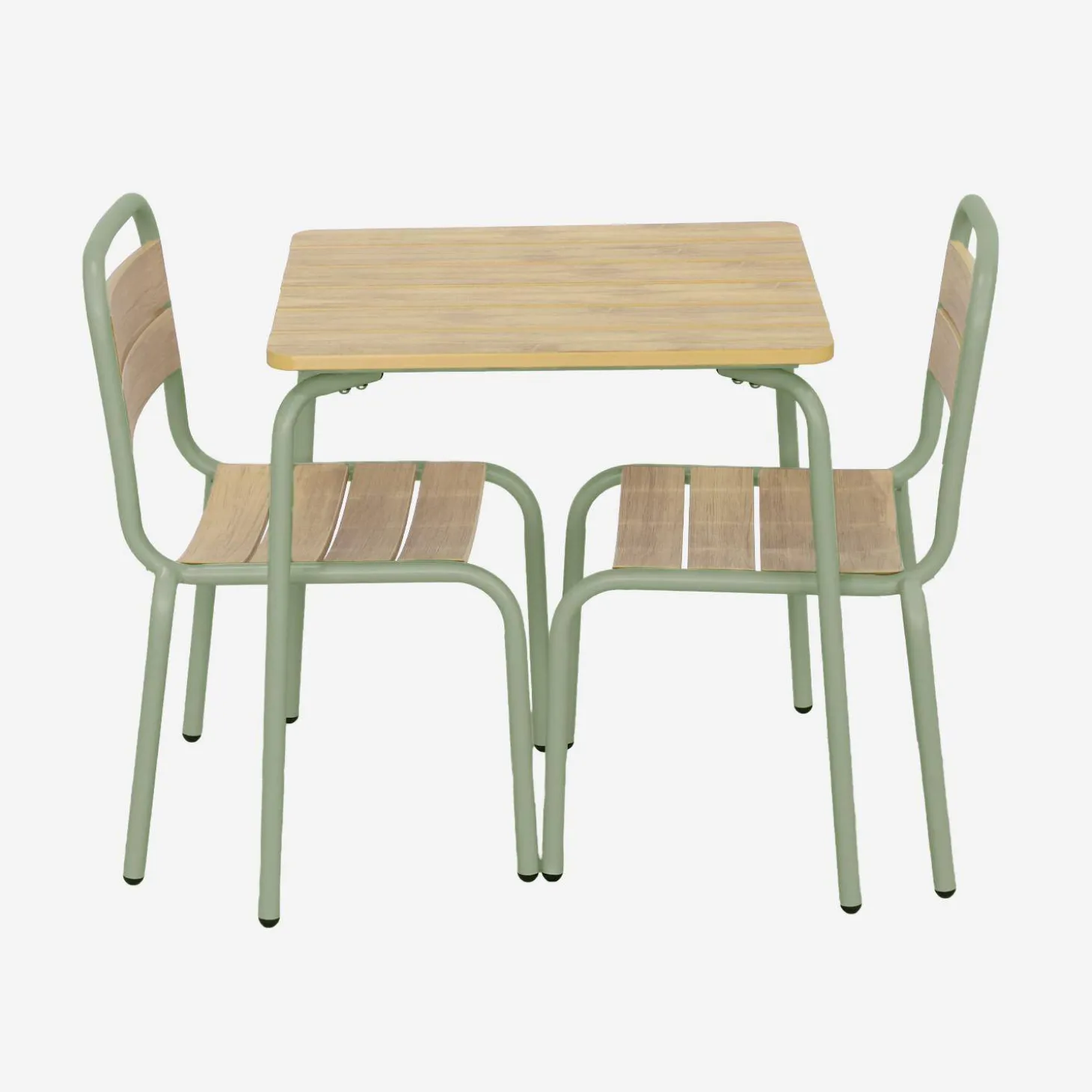 Children's garden table with steel and wood decor + 2 chairs