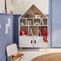 Children's house-shaped bookcase with storage