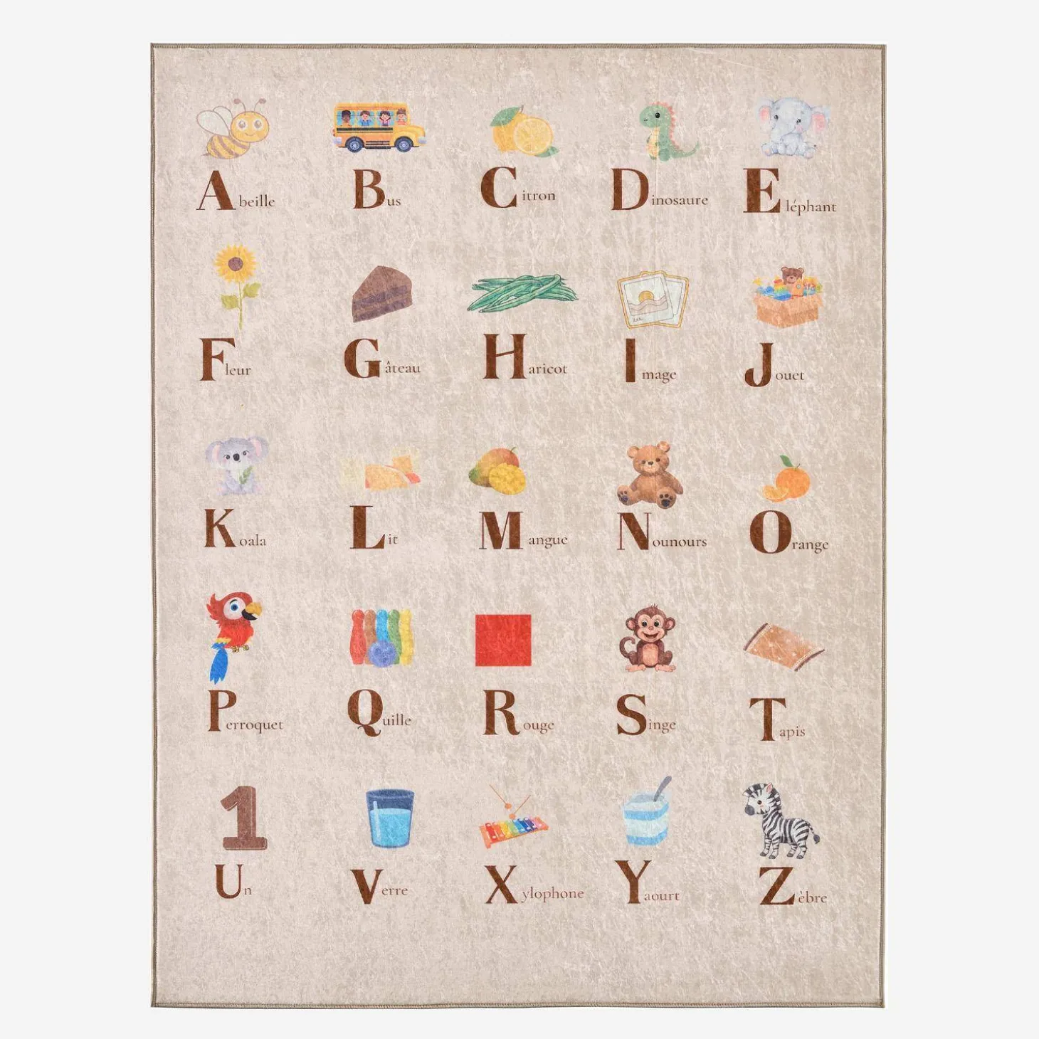 Children's indoor rug beige with French alphabet print