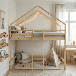 Children's loft bed cabin natural pine 90 x 190 cm