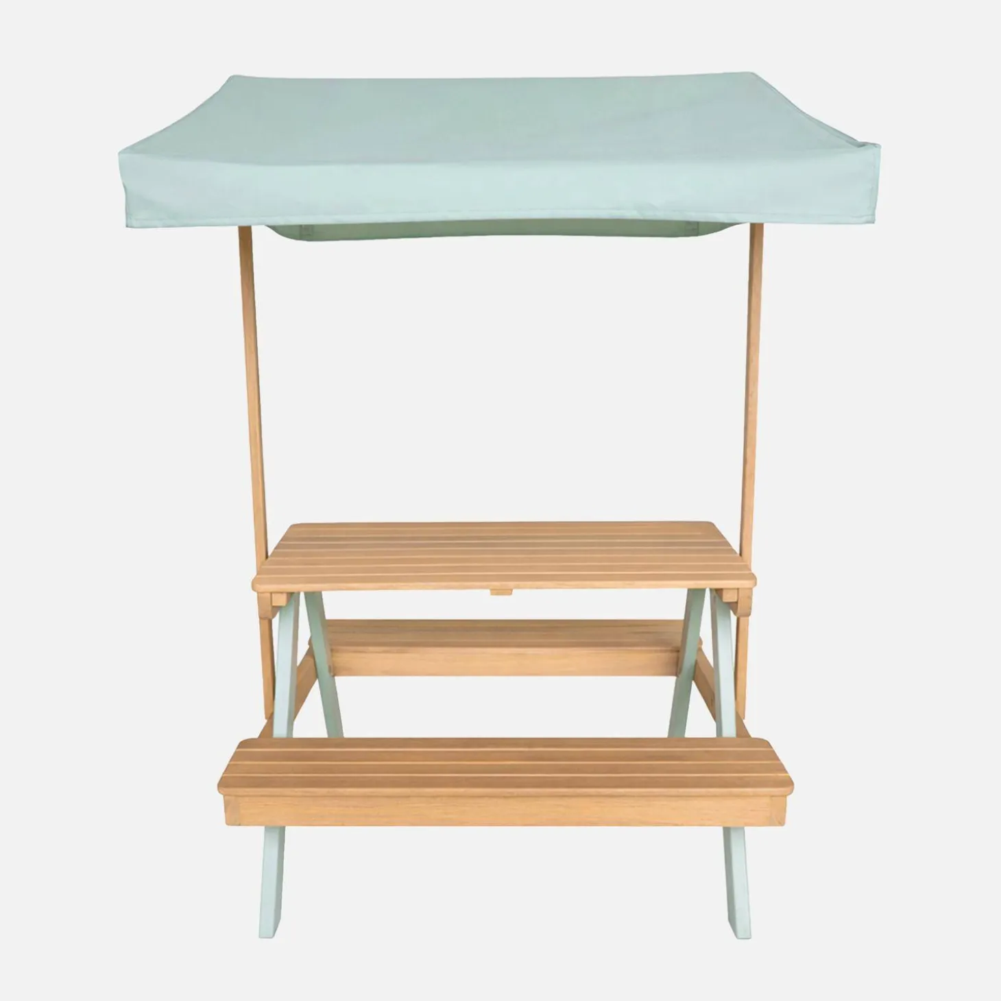 Children's picnic table, garden set in acacia wood 2-seater with parasol