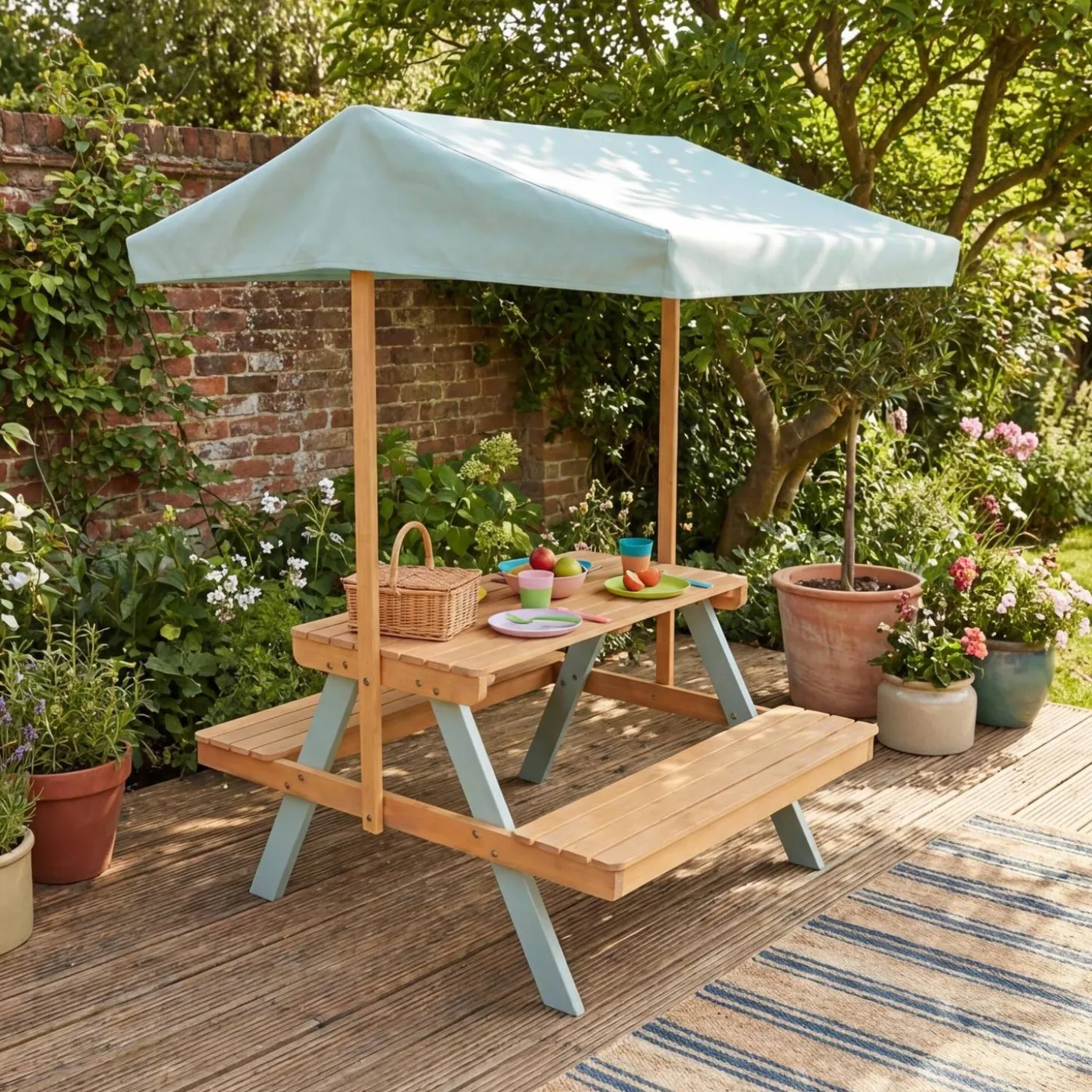 Children's picnic table, garden set in acacia wood 2-seater with parasol