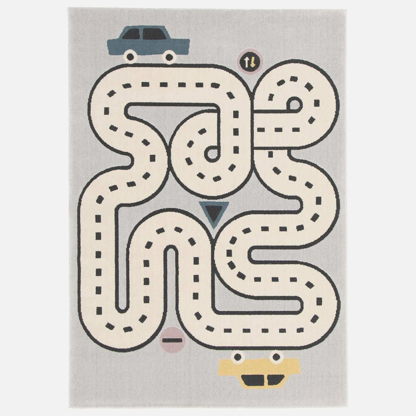 Children's rug with car circuit print in light grey