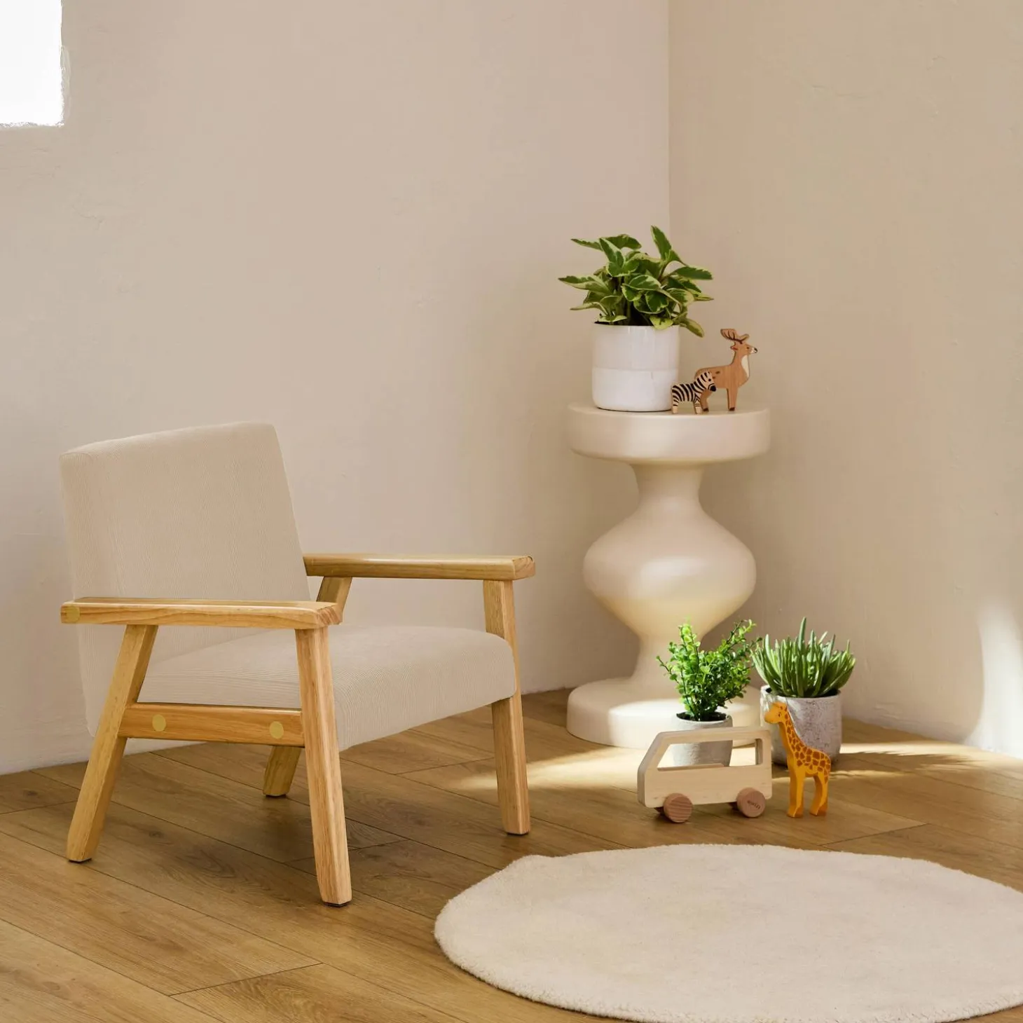Children's scandi-style armchair, corduroy and rubberwood