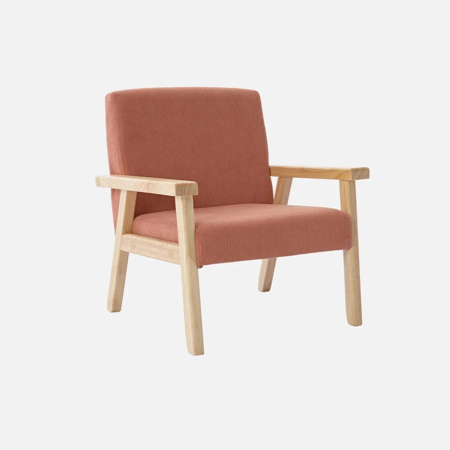 Children's scandi-style armchair, corduroy and rubberwood