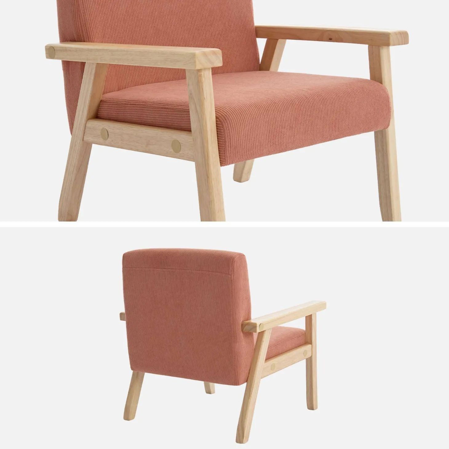 Children's scandi-style armchair, corduroy and rubberwood