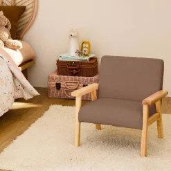 Children's scandi-style armchair in boucle fabric, rubberwood