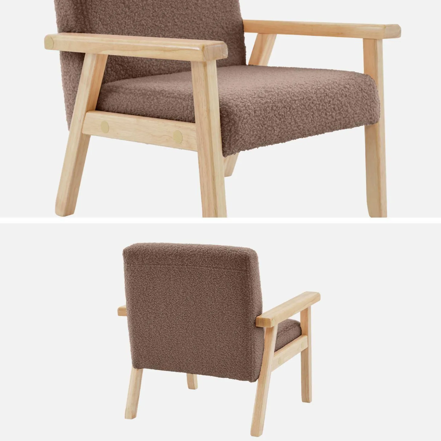 Children's scandi-style armchair in boucle fabric, rubberwood