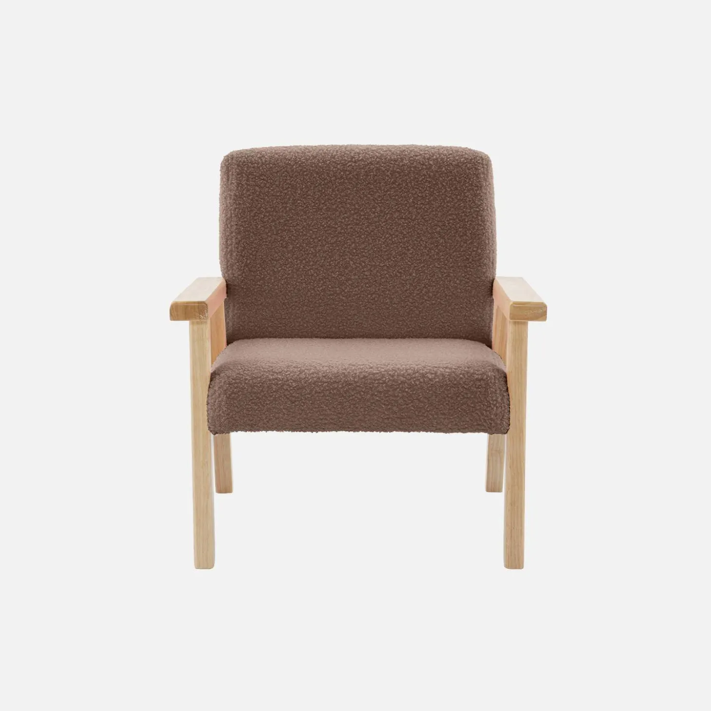 Children's scandi-style armchair in boucle fabric, rubberwood
