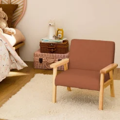 Children's scandi-style armchair in boucle fabric, rubberwood