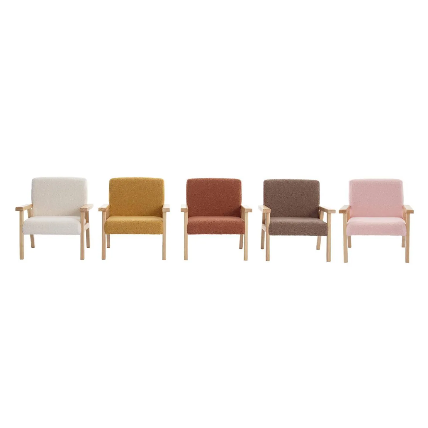 Children's scandi-style armchair in boucle fabric, rubberwood