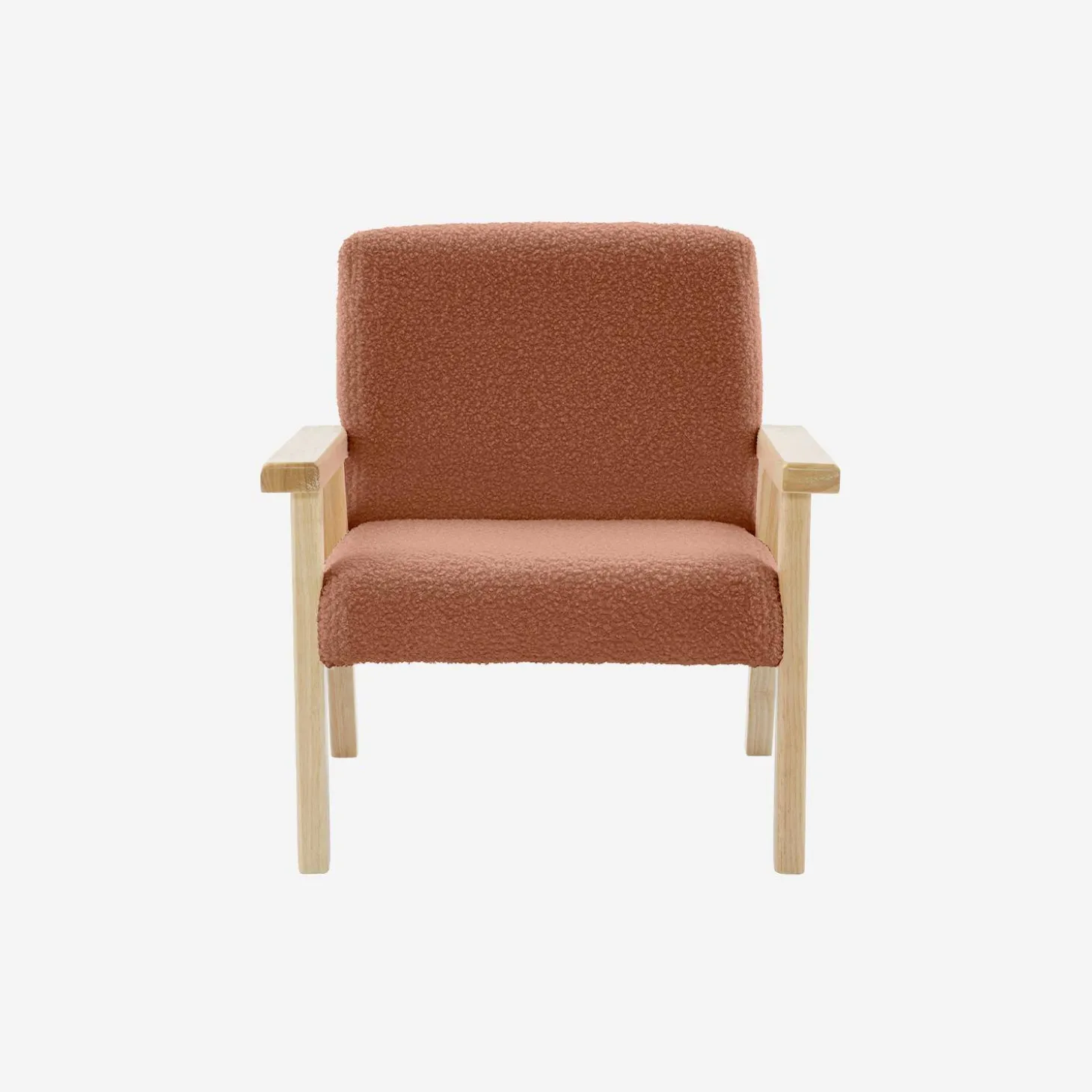 Children's scandi-style armchair in boucle fabric, rubberwood