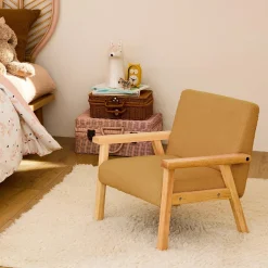 Children's scandi-style armchair in boucle fabric, rubberwood