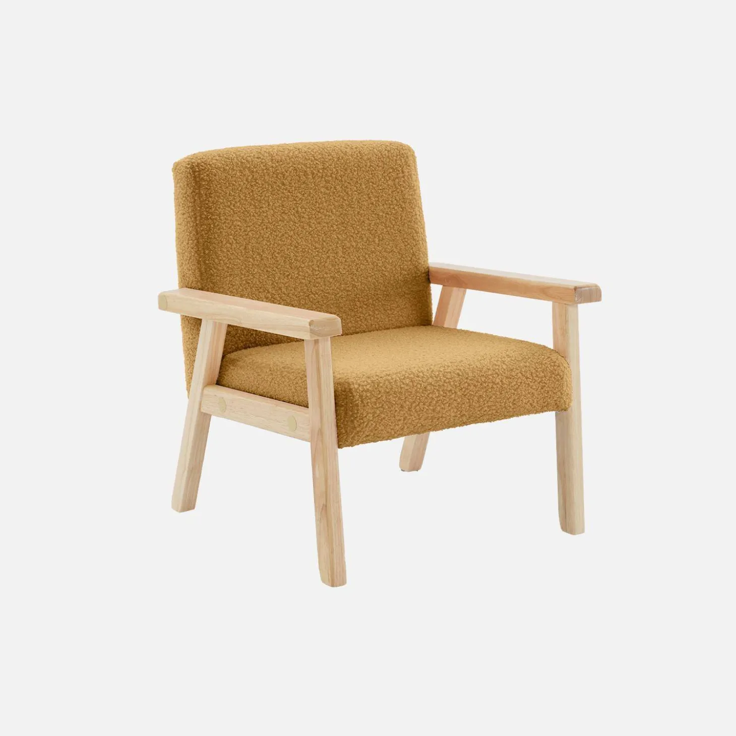 Children's scandi-style armchair in boucle fabric, rubberwood