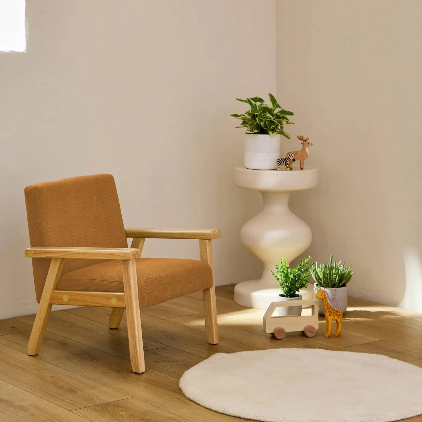 Children's scandi-style armchair, corduroy and rubberwood