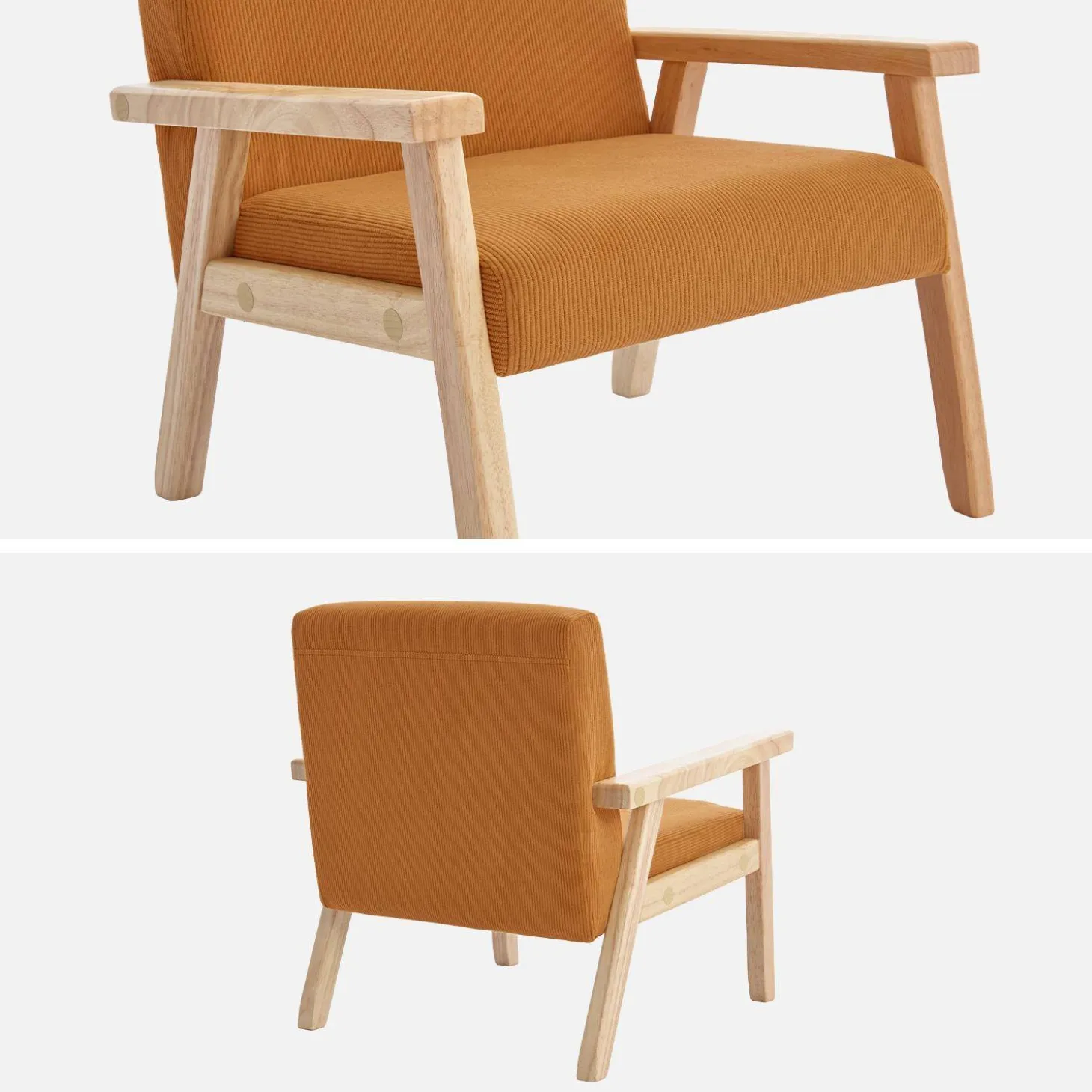 Children's scandi-style armchair, corduroy and rubberwood