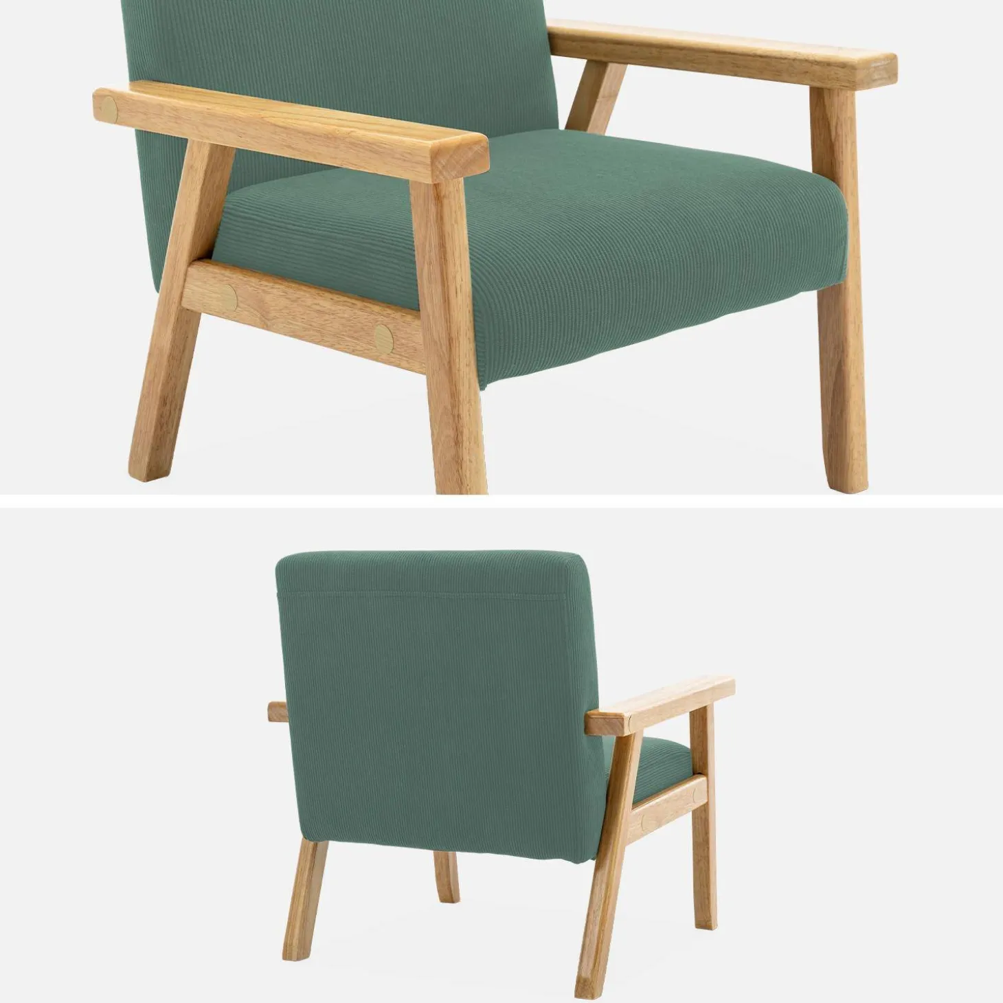Children's scandi-style armchair, corduroy and rubberwood
