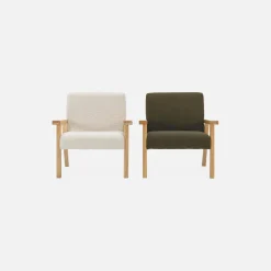 Children's scandi-style armchair in boucle fabric, rubberwood