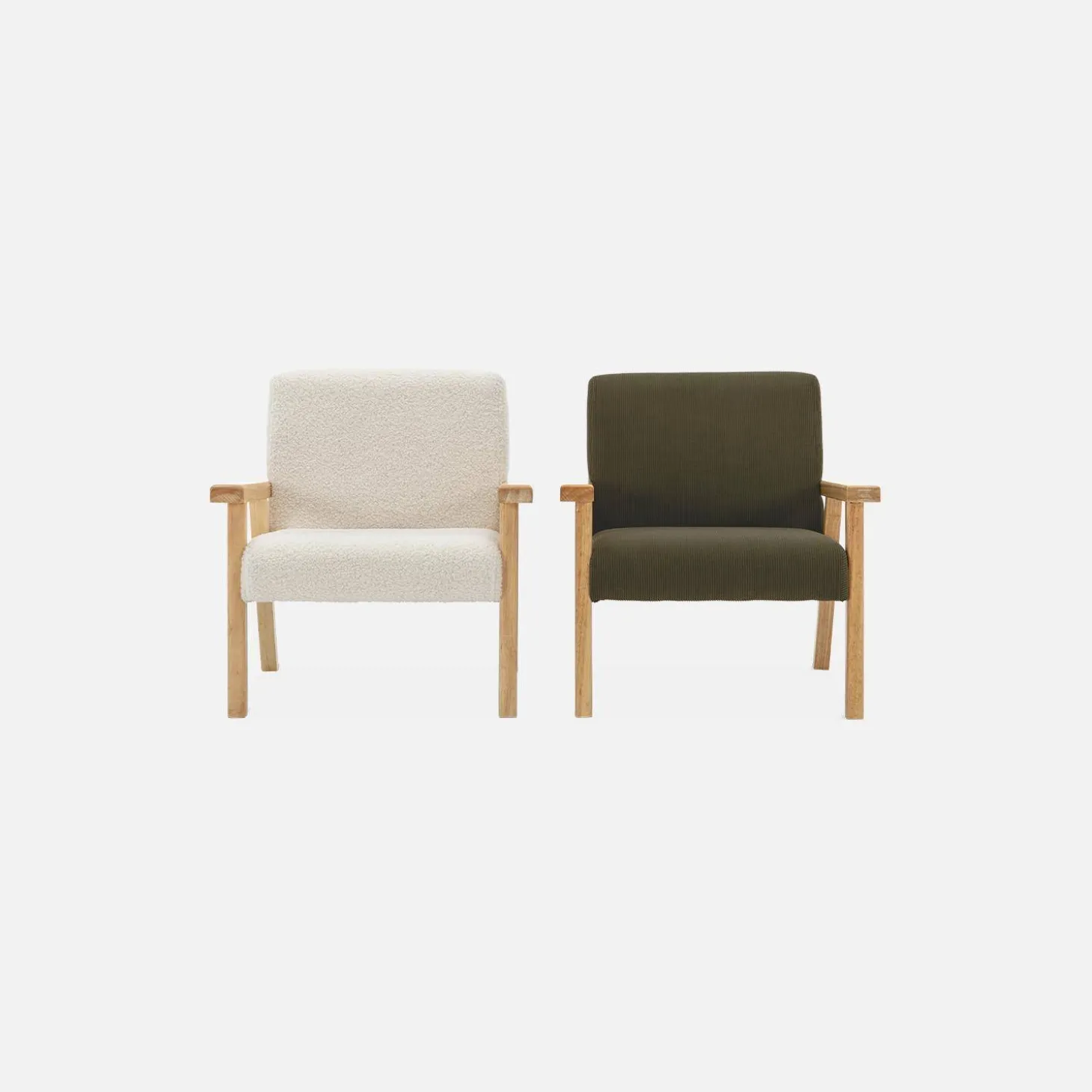 Children's scandi-style armchair in boucle fabric, rubberwood