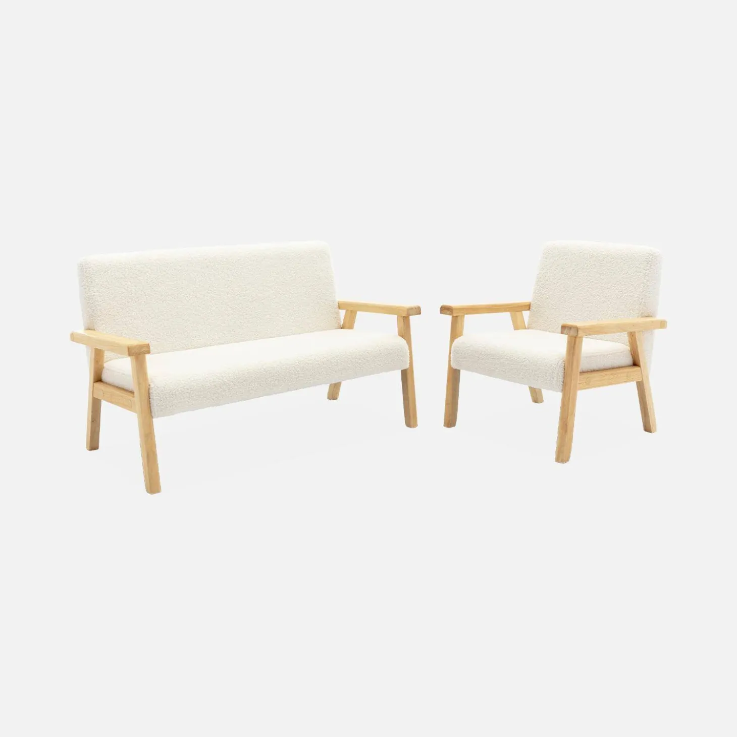 Children's scandi-style armchair in boucle fabric, rubberwood