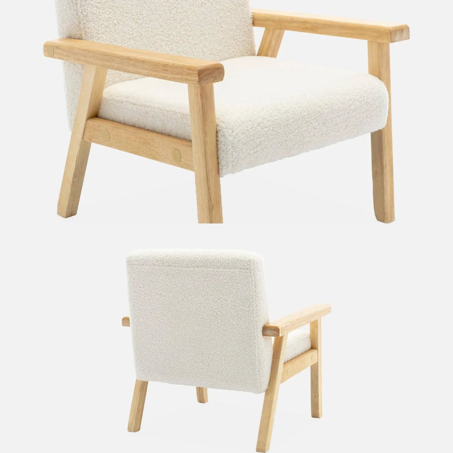 Children's scandi-style armchair in boucle fabric, rubberwood