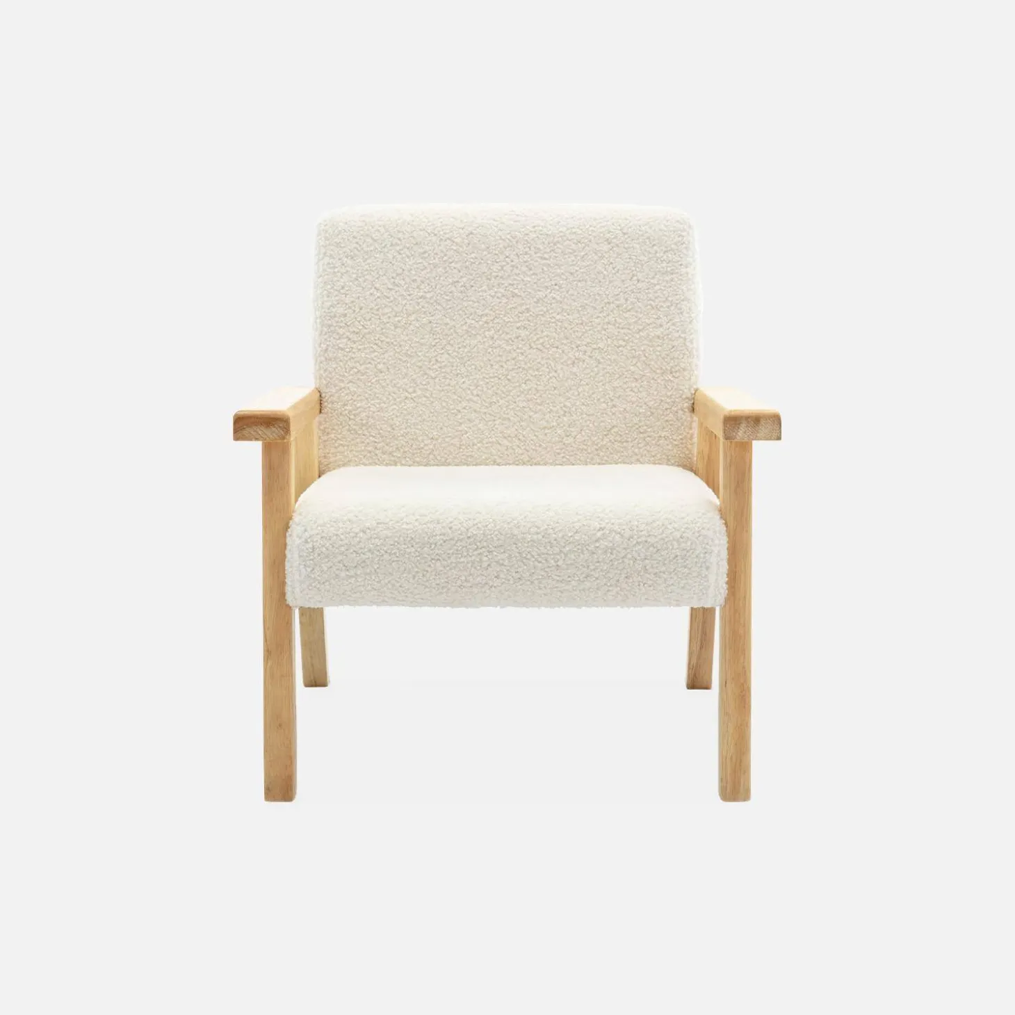 Children's scandi-style armchair in boucle fabric, rubberwood