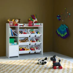 Children's storage unit with 9 storage boxes, 4 shelves, 1 door