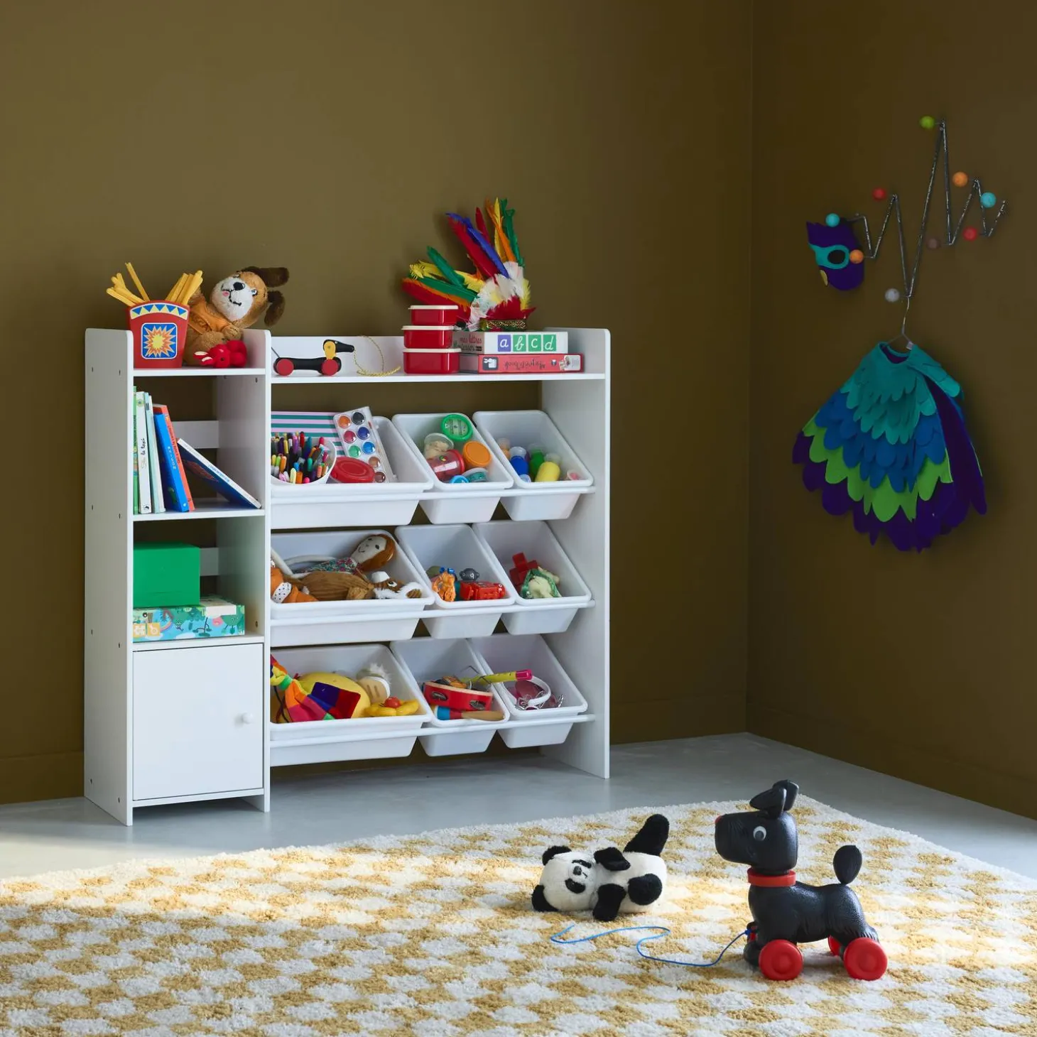 Children's storage unit with 9 storage boxes, 4 shelves, 1 door