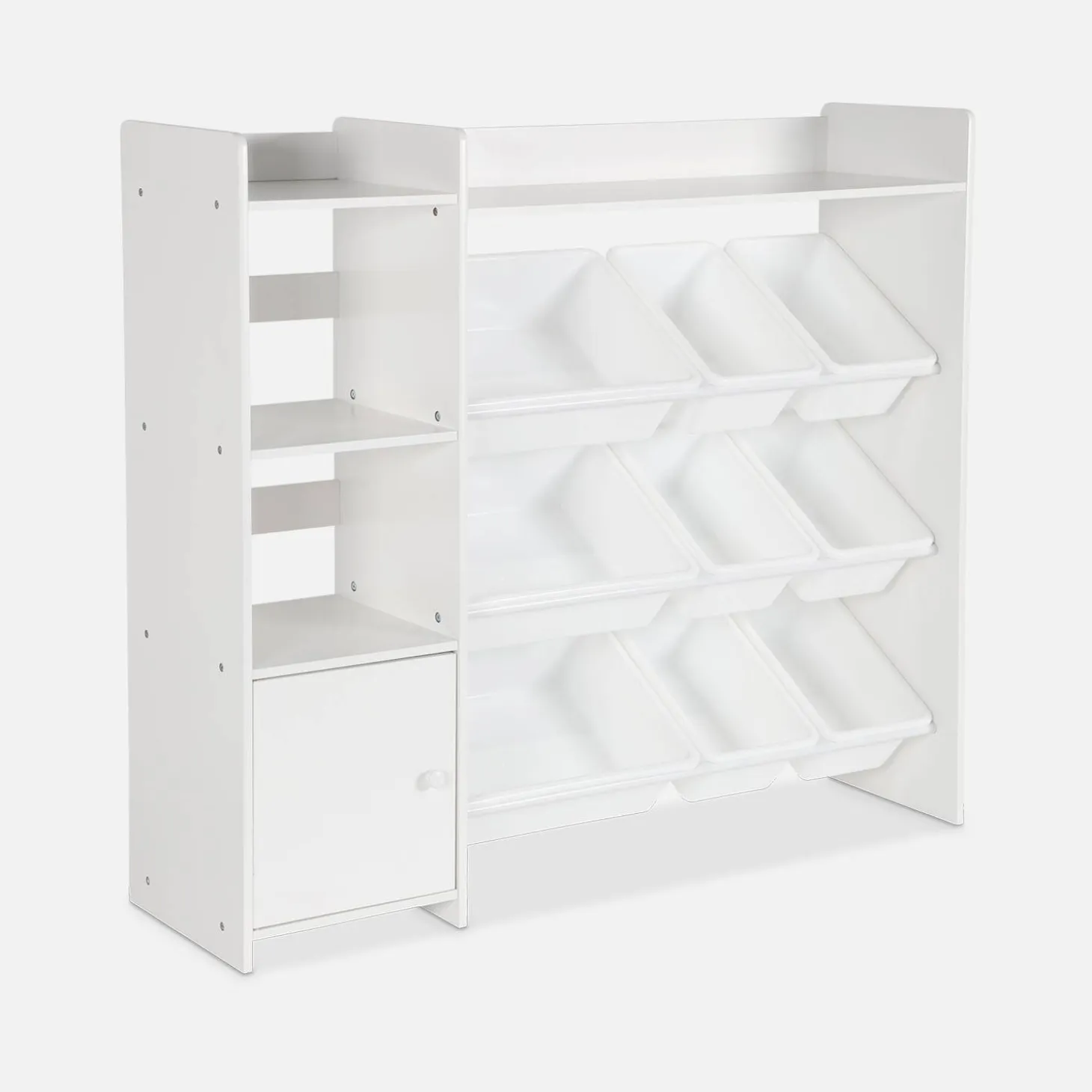 Children's storage unit with 9 storage boxes, 4 shelves, 1 door