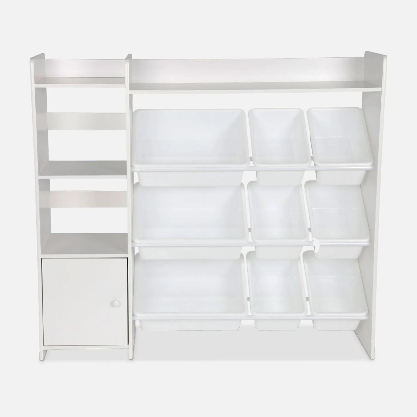 Children's storage unit with 9 storage boxes, 4 shelves, 1 door