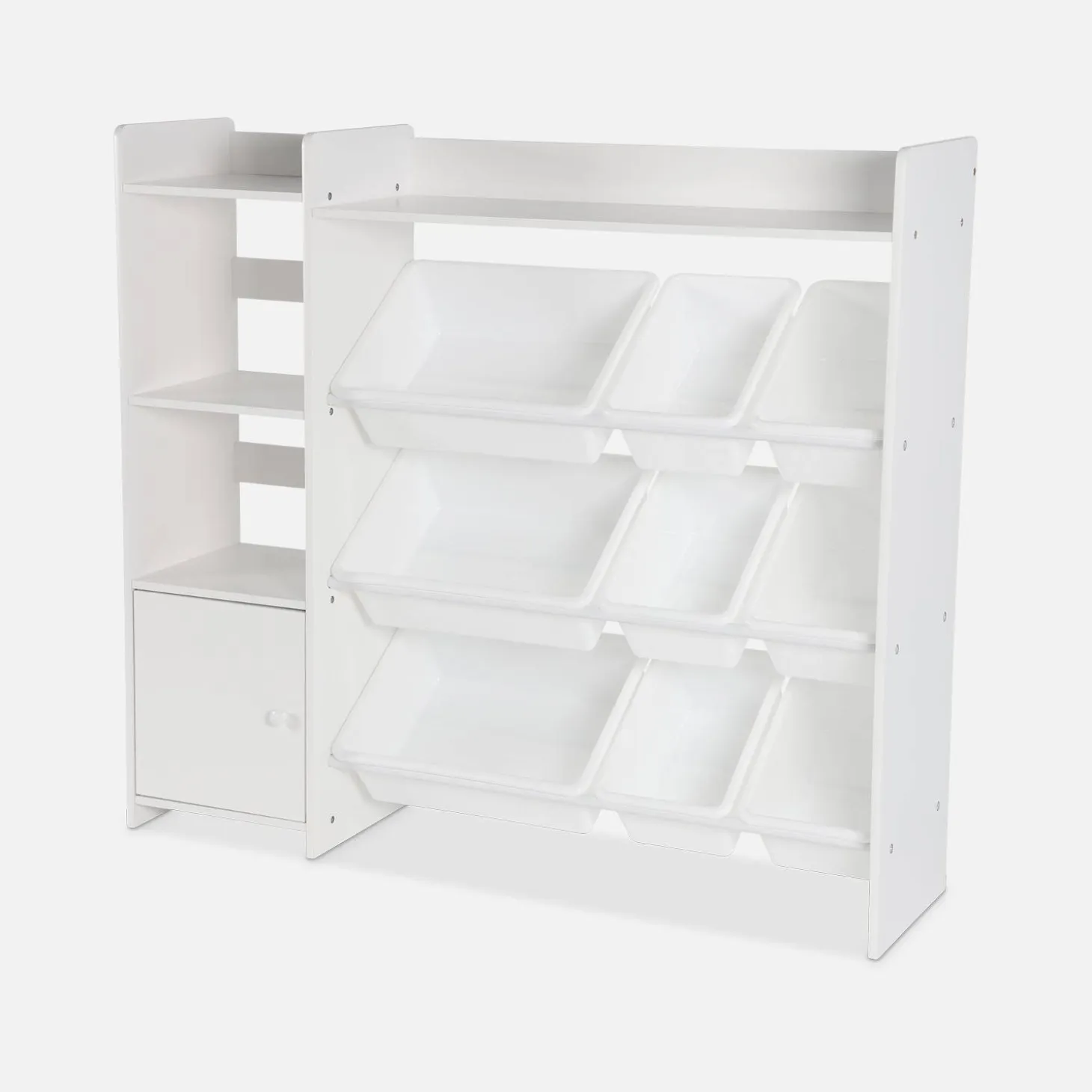 Children's storage unit with 9 storage boxes, 4 shelves, 1 door