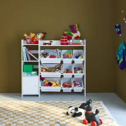 Children's storage unit with 9 storage boxes, 4 shelves, 1 door
