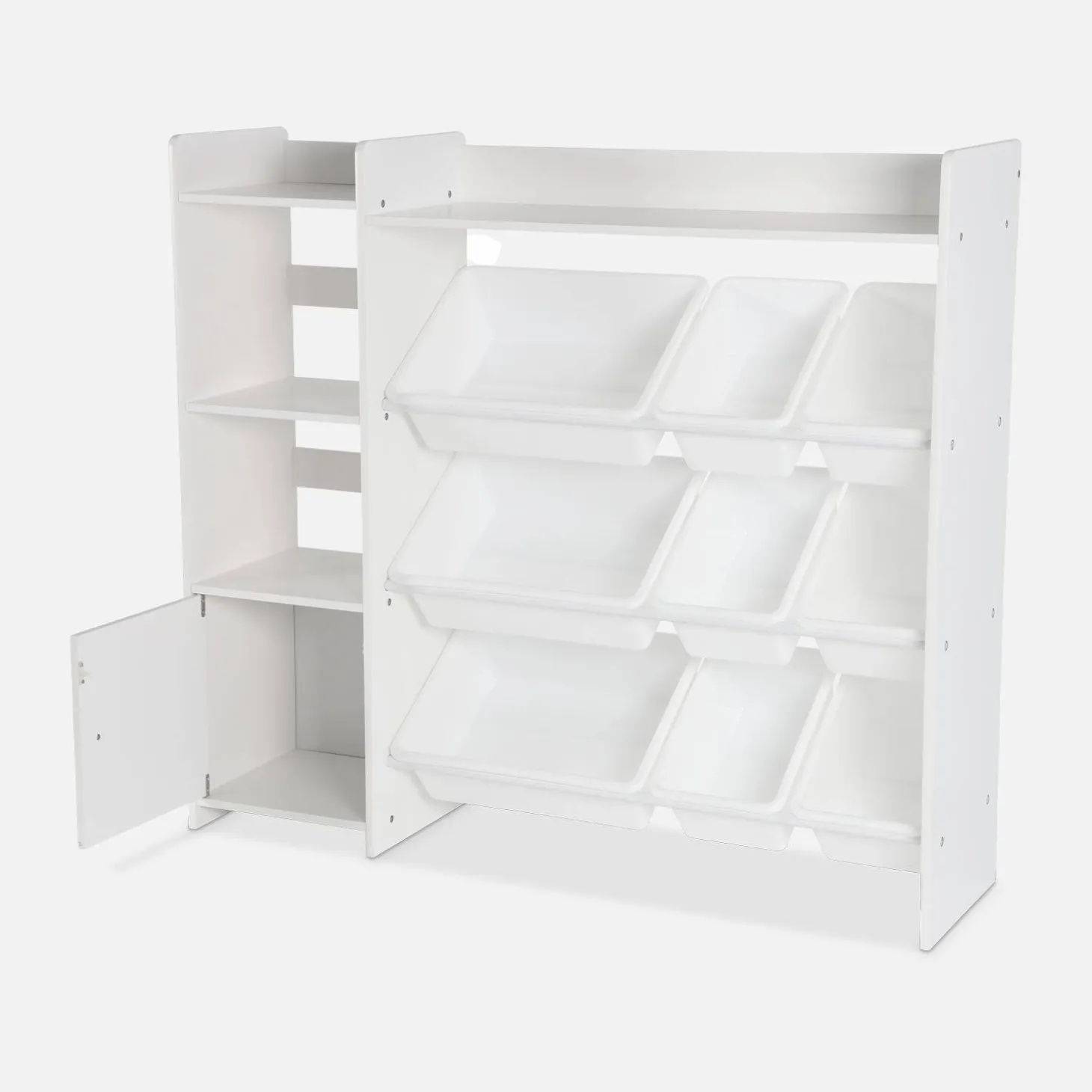 Children's storage unit with 9 storage boxes, 4 shelves, 1 door