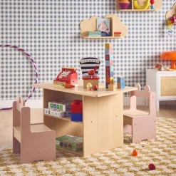Children's table and 2 chairs with shelves