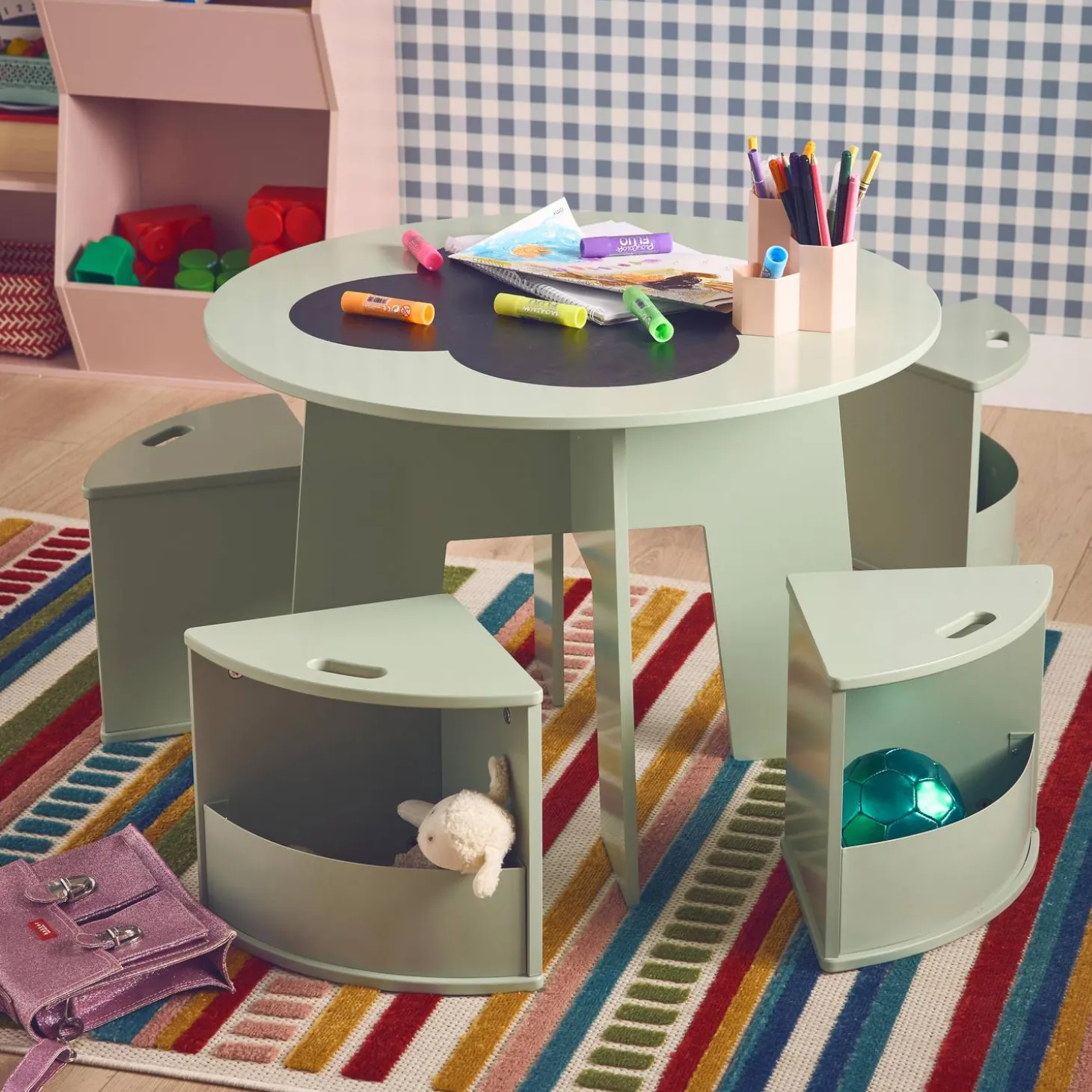 Children's table with slate and 4 chairs with storage
