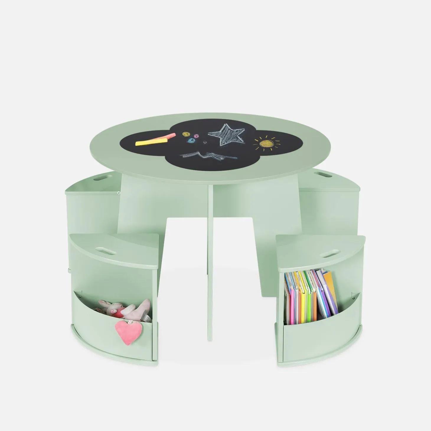Children's table with slate and 4 chairs with storage