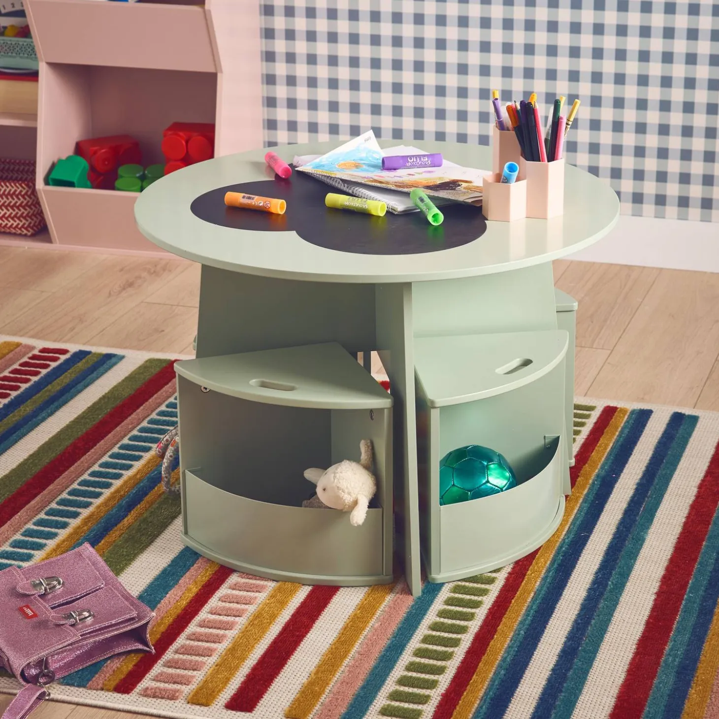 Children's table with slate and 4 chairs with storage