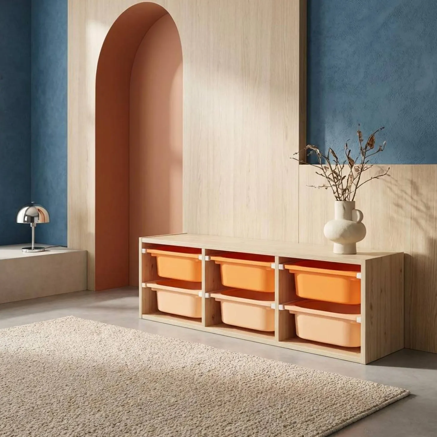 Children storage unit with 6 colourful bins, Natural