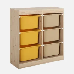 Children storage unit with 6 colourful bins, Natural