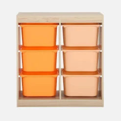 Children storage unit with 6 colourful bins, Natural