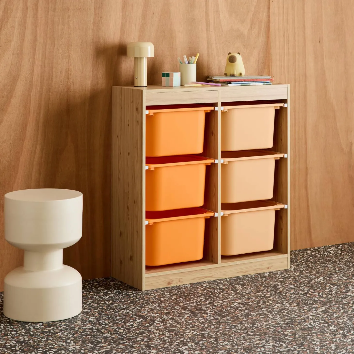 Children storage unit with 6 colourful bins, Natural