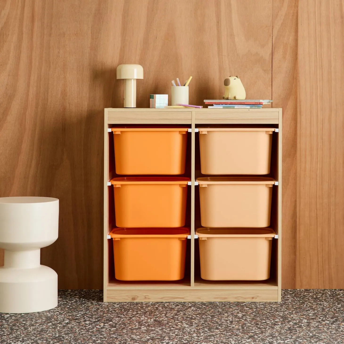 Children storage unit with 6 colourful bins, Natural