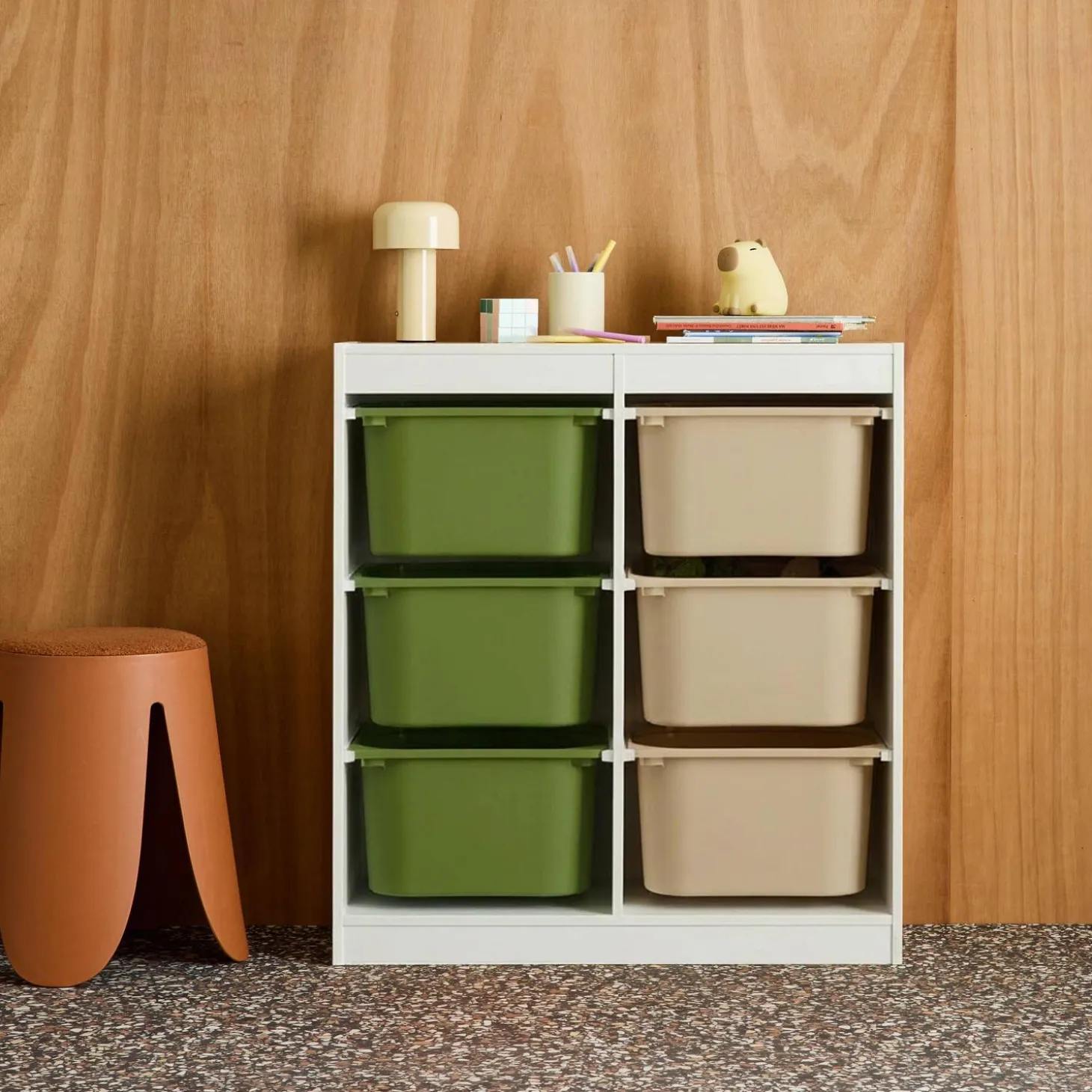 Children storage unit with 6 colourful bins, White