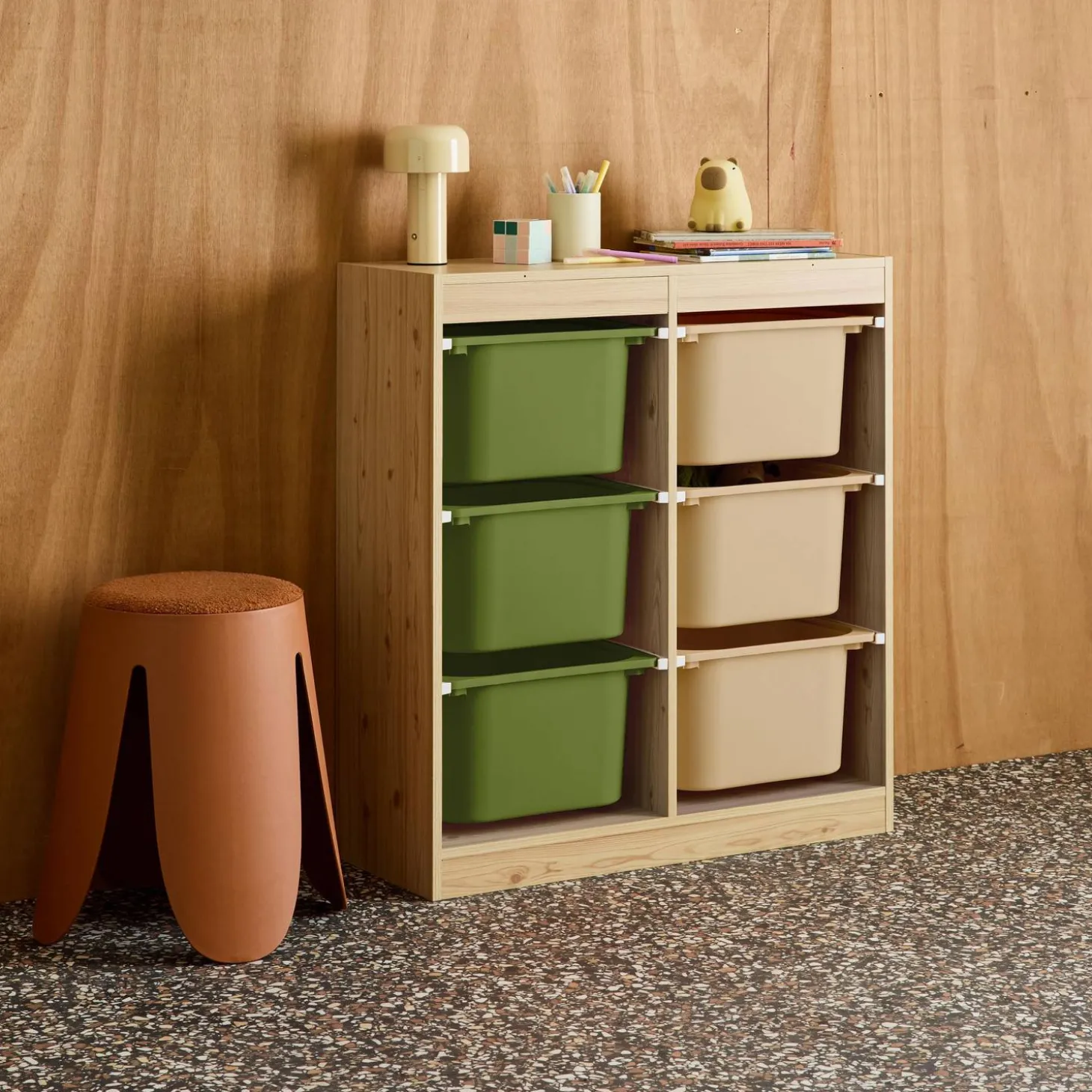 Children storage unit with 6 colourful bins, Natural