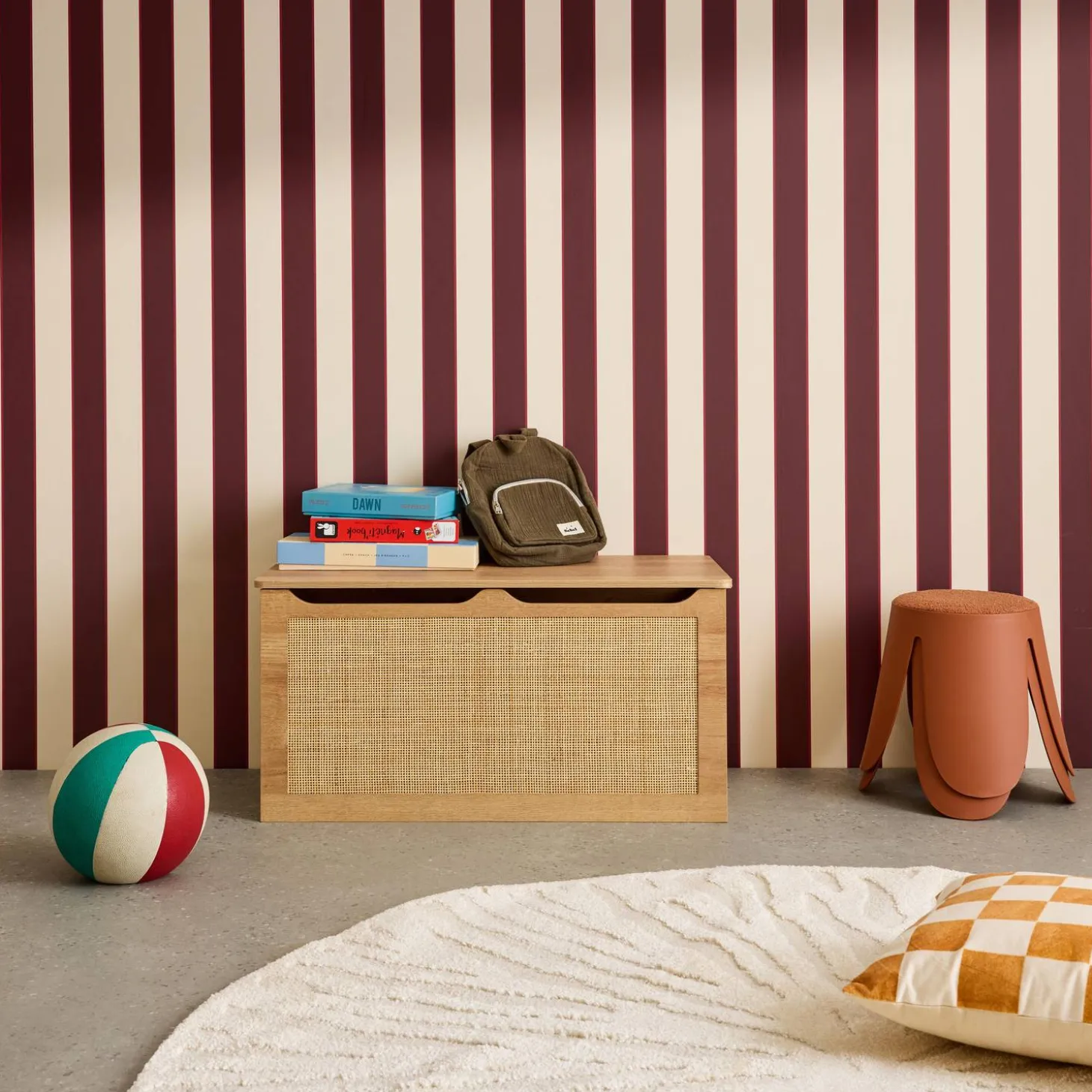 Children's toy storage with wood and cane effect