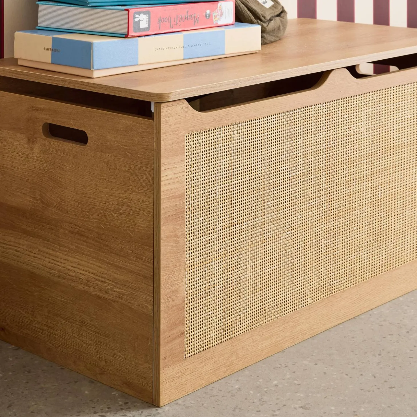 Children's toy storage with wood and cane effect