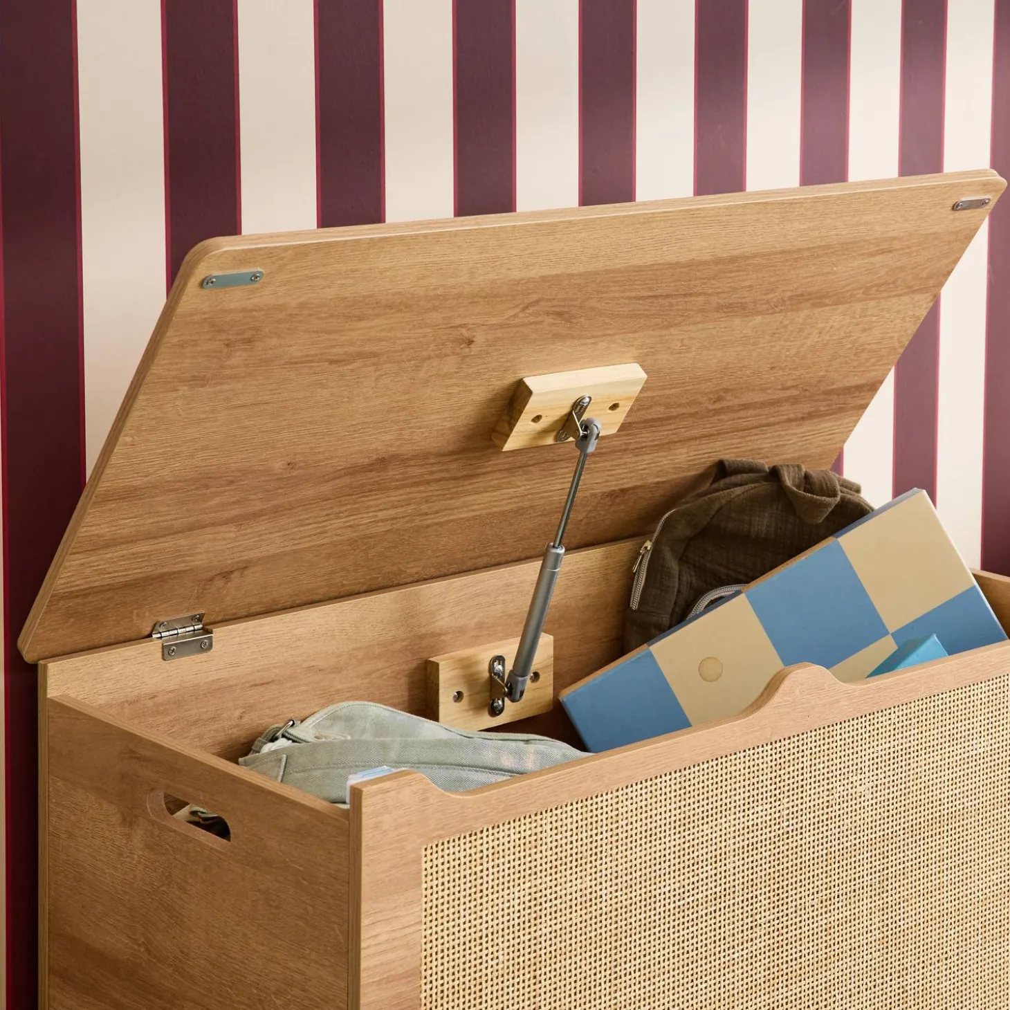 Children's toy storage with wood and cane effect