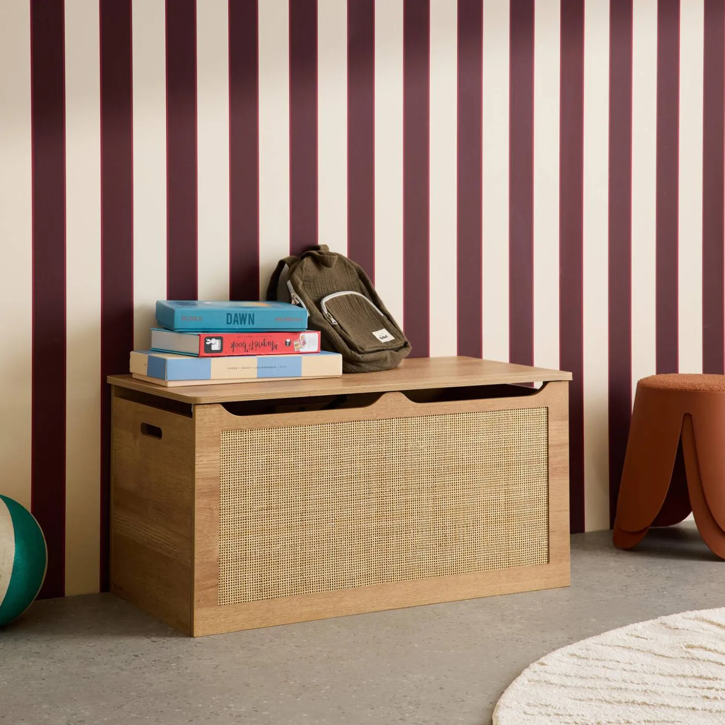 Children's toy storage with wood and cane effect